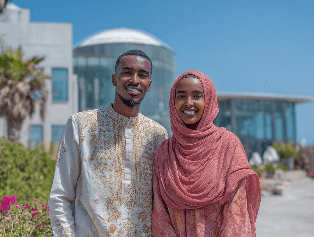 A Somali couple standing in front of an up market property smiling.