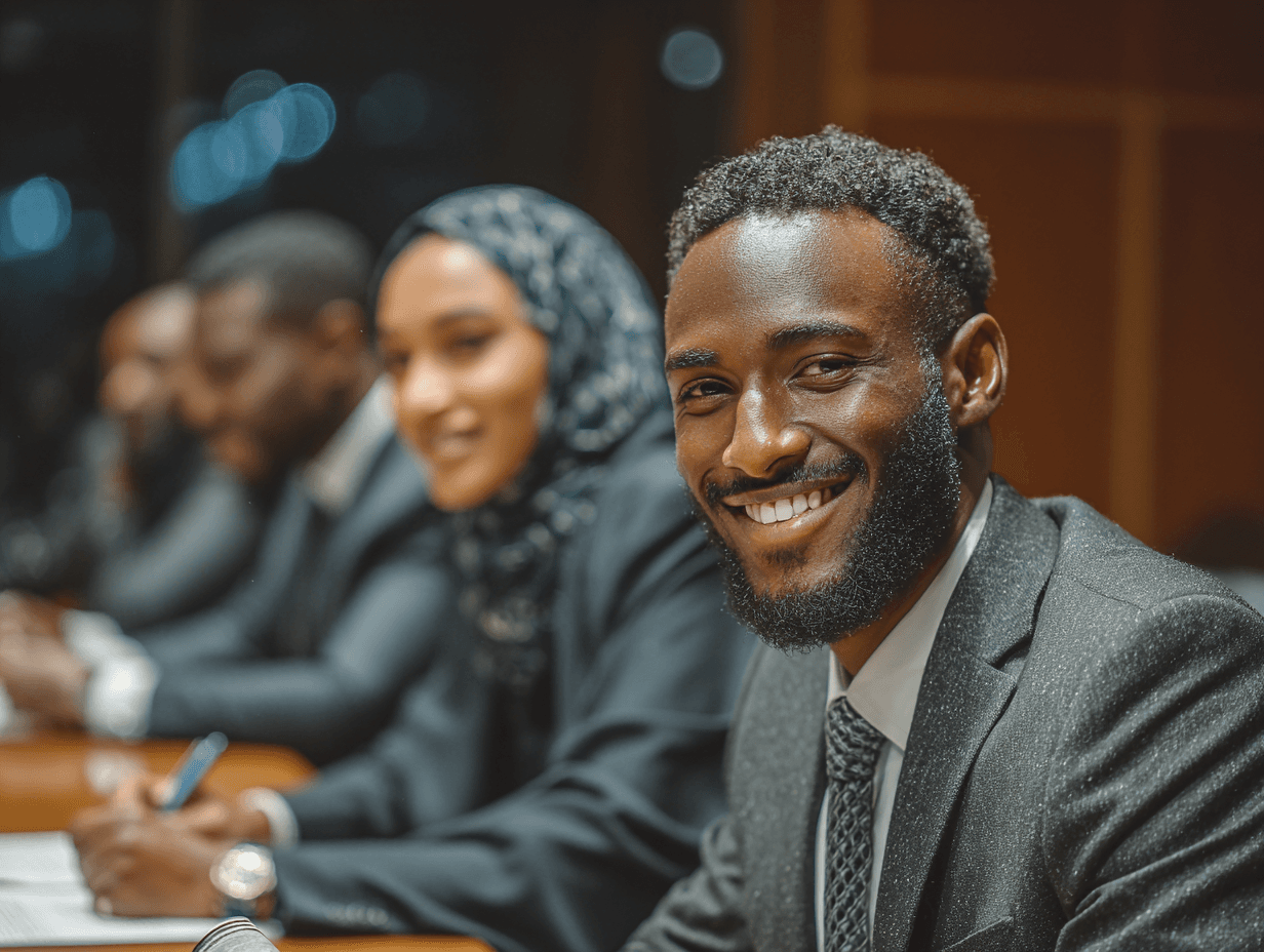 a group of Somali lawyers deliberating a case in a corporate board room