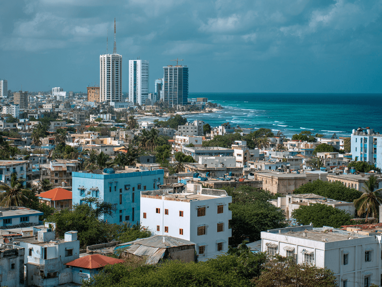 A modern skyline of Mogadishu's Business District with the ocean visible in the background