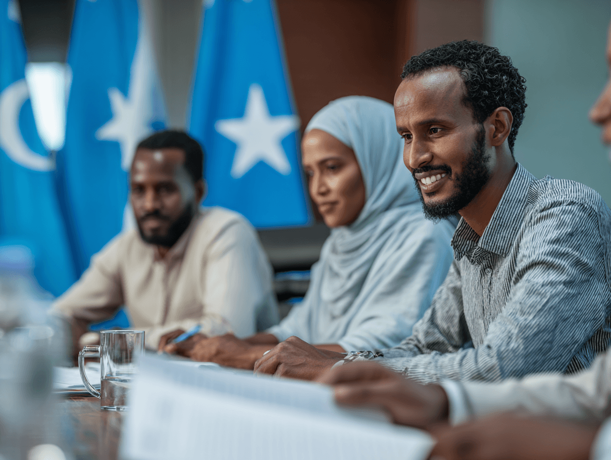 Entrepreneurs in a meeting with legal documents, Somali flags in the background.